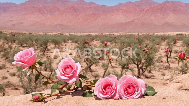 نمو الورود الملونة في صحاري المملكة العربية السعودية, صورة مقربة لمجموعة من الأزهار المتفتحة في الصحراء, الرمال الذهبية الناعمة, الزهور العطرية الصحراوية