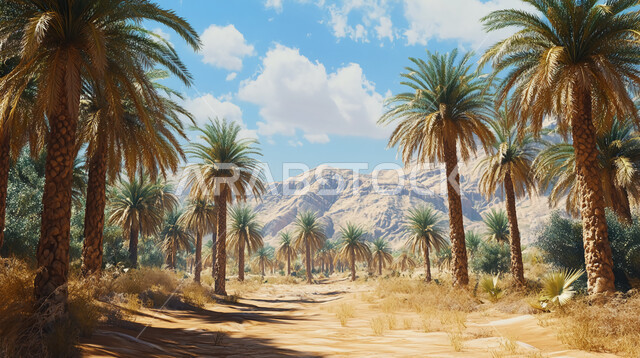 أشجار النخيل الخضراء وسط البيئة الرملية الصحراوية، التضاريس والقمم والمرتفعات الجبلية، محاصيل ومنتجات محلية وطنية، المحميات الطبيعية في المملكة العربية السعودية، الاهتمام بالزراعة والتشجير، منظر السماء المليئة بالغيوم نهارا