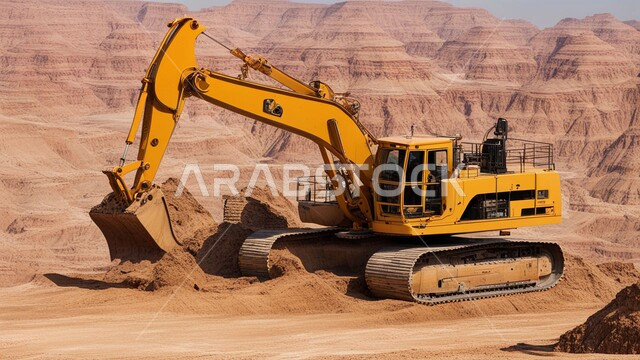 Sandy nature and topography of mountain ranges in the Kingdom of Saudi Arabia, areas of exploration for precious underground resources, Arab natural coal mines, heavy machinery and equipment at the work site
