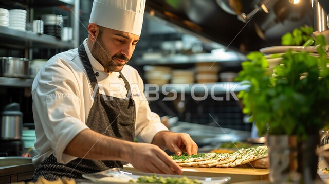 إعداد وتحضير المعجنات الشهية والسريعة بأطعمة متنوعة، صورة مقربة لشيف عربي خليجي سعودي يقوم بالعمل داخل المطبخ، مطاعم للمأكولات العربية الشرقية في المملكة العربية السعودية، مخبوزات شعبية طازجة، فطائر محشية بمختلف المكونات الغنية بالنكهات