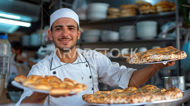 إعداد وتحضير المعجنات الشهية والسريعة بأطعمة متنوعة، صورة مقربة لشيف عربي خليجي سعودي يقوم بالعمل داخل المطبخ، مطاعم للمأكولات العربية الشرقية في المملكة العربية السعودية، مخبوزات شعبية طازجة، فطائر محشية بمختلف المكونات الغنية بالنكهات