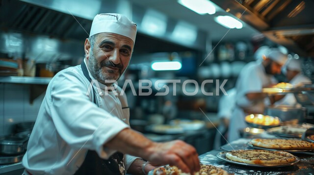 إعداد وتحضير المعجنات الشهية والسريعة بأطعمة متنوعة، صورة مقربة لشيف عربي خليجي سعودي يقوم بالعمل داخل المطبخ، مطاعم للمأكولات العربية الشرقية في المملكة العربية السعودية، مخبوزات شعبية طازجة، فطائر محشية بمختلف المكونات الغنية بالنكهات