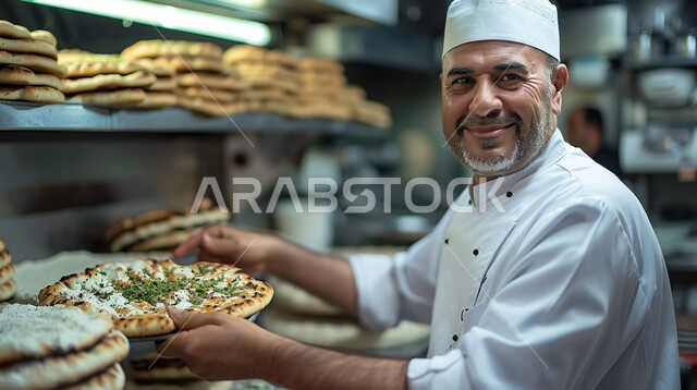 فطائر محشية بمختلف المكونات الغنية بالنكهات، مجموعة من المعجنات الشهية والسريعة بأطعمة متنوعة، صورة مقربة لشيف عربي خليجي سعودي يقوم بالعمل داخل المطبخ، مطاعم للمأكولات العربية الشرقية في المملكة العربية السعودية، مخبوزات شعبية طازجة