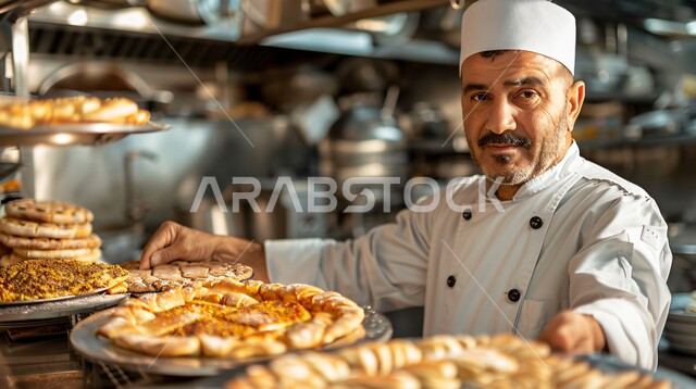 Stuffed pies with various flavorful ingredients, a group of delicious and quick pastries with various foods, a close-up photo of a Saudi Arabian Gulf chef working in the kitchen, restaurants for oriental Arabian cuisine in the Kingdom of Saudi Arabia, fresh popular baked goods