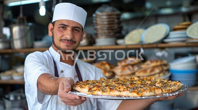فطائر محشية بمختلف المكونات الغنية بالنكهات، مجموعة من المعجنات الشهية والسريعة بأطعمة متنوعة، صورة مقربة لشيف عربي خليجي سعودي يقوم بالعمل داخل المطبخ، مطاعم للمأكولات العربية الشرقية في المملكة العربية السعودية، مخبوزات شعبية طازجة
