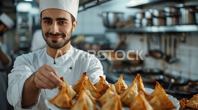 Stuffed pies with various flavorful ingredients, a group of delicious and quick pastries with various foods, a close-up photo of a Saudi Arabian Gulf chef working in the kitchen, restaurants for oriental Arabian cuisine in the Kingdom of Saudi Arabia, fresh popular baked goods
