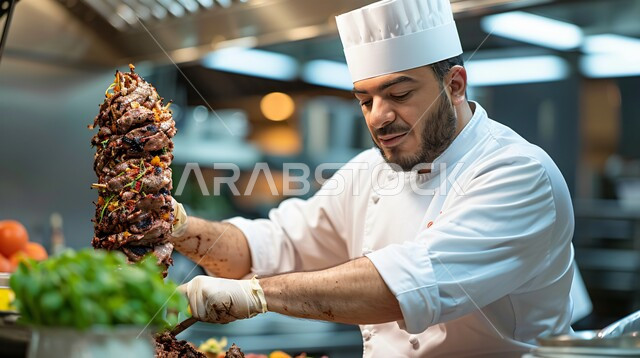 وجبات طعام سريعة شهية، دونر كباب ودجاج يدور بشكل عامودي، صورة مقربة لشيف عربي خليجي سعودي يقوم بالعمل على سيخ الشاورما، مطاعم للمأكولات العربية الشرقية في المملكة العربية السعودية
