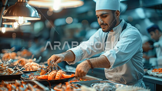 اعداد وتحضير الطعام في مطابخ و مطاعم المملكة العربية السعودية، صورة مقربة لشيف عربي خليجي سعودي يقوم بطهي الغداء في المقلاة على موقد الغاز، أطعمة ومأكولات شرقية لذيذة، وجبة ذات قيمة غذائية عالية