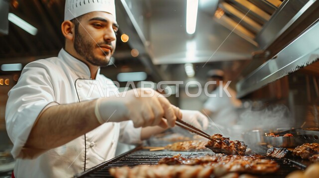 تحضير أطباق الباربكيو الشهية، صورة مقربة لشيف عربي خليجي سعودي يقوم بشوي أسياخ اللحم على النار وجبات الطعام اللذيذة الصحية، مطاعم الشواء في المملكة العربية السعودية، وجبة ذات قيمة غذائية عالية