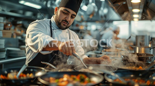 اعداد وتحضير الطعام في مطابخ و مطاعم المملكة العربية السعودية، صورة مقربة لشيف عربي خليجي سعودي يقوم بطهي الغداء في المقلاة على موقد الغاز، أطعمة ومأكولات شرقية لذيذة، وجبة ذات قيمة غذائية عالية