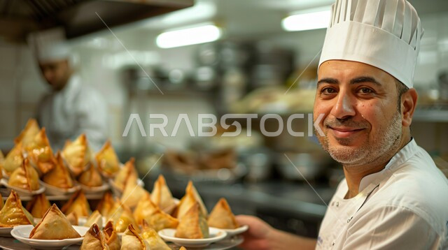 قطع من السمبوسك ذهبية اللون، صورة مقربة لشيف عربي خليجي سعودي يقوم بالعمل داخل المطبخ يحمل طبق من الفطائر المقلية المقرمشة، مطاعم للمأكولات العربية الشرقية في المملكة العربية السعودية، مخبوزات شعبية طازجة، فطائر محشية بمختلف المكونات الغنية بالنكهات