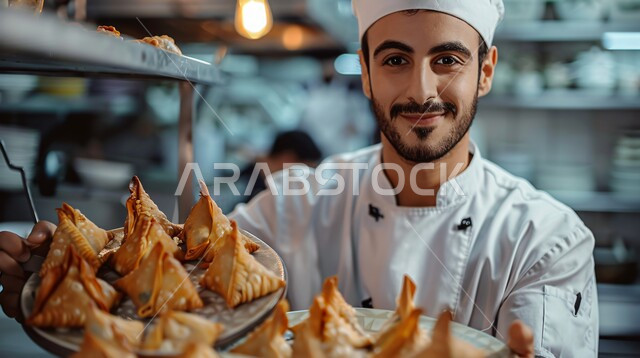 قطع من السمبوسك ذهبية اللون، صورة مقربة لشيف عربي خليجي سعودي يقوم بالعمل داخل المطبخ يحمل طبق من الفطائر المقلية المقرمشة، مطاعم للمأكولات العربية الشرقية في المملكة العربية السعودية، مخبوزات شعبية طازجة، فطائر محشية بمختلف المكونات الغنية بالنكهات