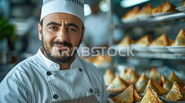 قطع من السمبوسك ذهبية اللون، صورة مقربة لشيف عربي خليجي سعودي يقوم بالعمل داخل المطبخ يحمل طبق من الفطائر المقلية المقرمشة، مطاعم للمأكولات العربية الشرقية في المملكة العربية السعودية، مخبوزات شعبية طازجة، فطائر محشية بمختلف المكونات الغنية بالنكهات