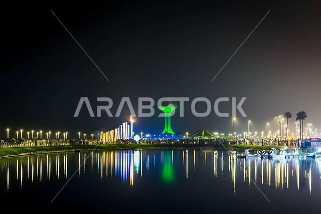 National holidays and events, National Day celebration on September 23, Fireworks display on Al Khobar Corniche, Entertainment activities and events in Saudi Arabia, Red Sea waterfront at night, Architectural art of the city's water tower, Famous tourist attractions