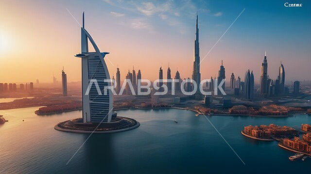 الفن الهندسي المعماري للأبراج وناطحات السحاب الشاهقة, رؤية مستقبلية للخليج العربي2031, منظر تخيلي مستقبلي للتقدم و النمو العمراني للمباني والمنشآت التجارية الشاهقة في الإمارات العربية المتحدة, بناء مستقبل حضاري ومتطور، خلفية السماء وقت الغروب