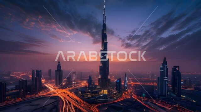 رؤية مستقبلية للخليج العربي2031, منظر تخيلي مستقبلي للتقدم و النمو العمراني للمباني والمنشآت التجارية الشاهقة في الإمارات العربية المتحدة, الفن الهندسي المعماري للأبراج وناطحات السحاب الشاهقة, بناء مستقبل حضاري ومتطور، خلفية السماء وقت الغروب