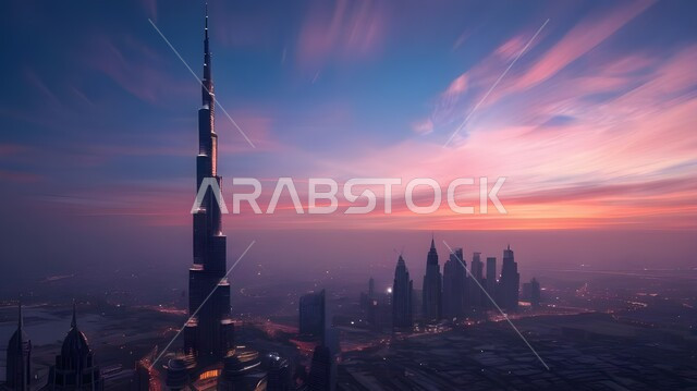 رؤية مستقبلية للخليج العربي2031, منظر تخيلي مستقبلي للتقدم و النمو العمراني للمباني والمنشآت التجارية الشاهقة في الإمارات العربية المتحدة, الفن الهندسي المعماري للأبراج وناطحات السحاب الشاهقة, بناء مستقبل حضاري ومتطور، خلفية السماء وقت الغروب