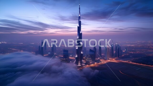 رؤية مستقبلية للخليج العربي2031, منظر تخيلي مستقبلي للتقدم و النمو العمراني للمباني والمنشآت التجارية الشاهقة في الإمارات العربية المتحدة, الفن الهندسي المعماري للأبراج وناطحات السحاب الشاهقة, بناء مستقبل حضاري ومتطور، خلفية السماء وقت الغروب