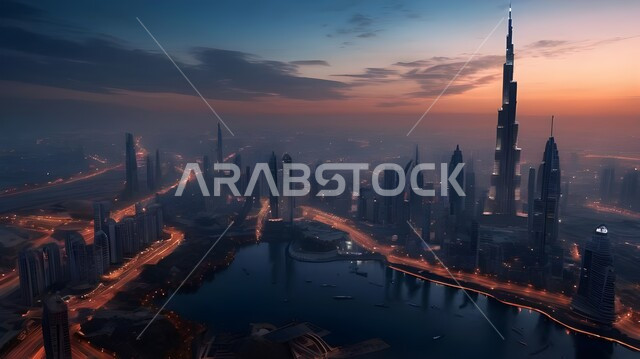 رؤية مستقبلية للخليج العربي2031, منظر تخيلي مستقبلي للتقدم و النمو العمراني للمباني والمنشآت التجارية الشاهقة في الإمارات العربية المتحدة, الفن الهندسي المعماري للأبراج وناطحات السحاب الشاهقة, بناء مستقبل حضاري ومتطور، خلفية السماء وقت الغروب