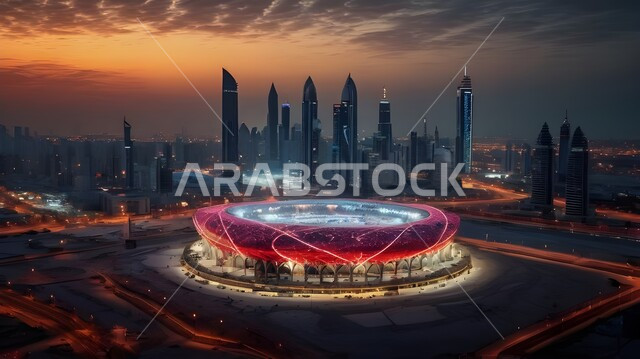 رؤية مستقبلية للخليج العربي2031, منظر تخيلي مستقبلي للتقدم و النمو العمراني للمباني والمنشآت التجارية الشاهقة في الإمارات العربية المتحدة, الفن الهندسي المعماري للأبراج وناطحات السحاب الشاهقة, بناء مستقبل حضاري ومتطور، خلفية السماء وقت الغروب