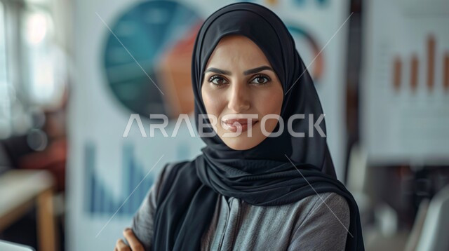 مراقبة الرسوم والمخططات البيانيه، مفهوم الأنوثة والاهتمام بالمظهر الخارجي،صورة مقربة لامرأة عربية خليجية سعودية مبتسمة ترتدي الحجاب تنظر الى الكاميرا بايماءات السرور والسعادة، سوق البورصة العالمي، تداول العملة الرقمية