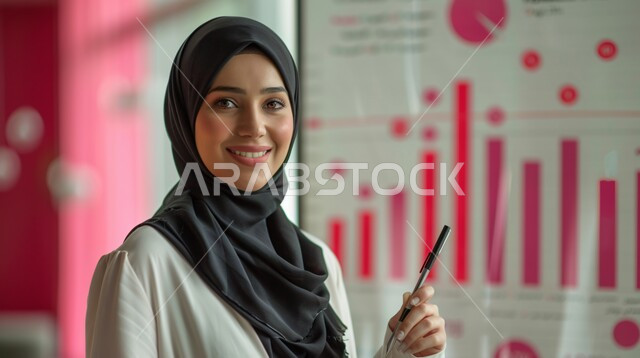 مراقبة الرسوم والمخططات البيانيه، مفهوم الأنوثة والاهتمام بالمظهر الخارجي،صورة مقربة لامرأة عربية خليجية سعودية مبتسمة ترتدي الحجاب تنظر الى الكاميرا بايماءات السرور والسعادة، سوق البورصة العالمي، تداول العملة الرقمية