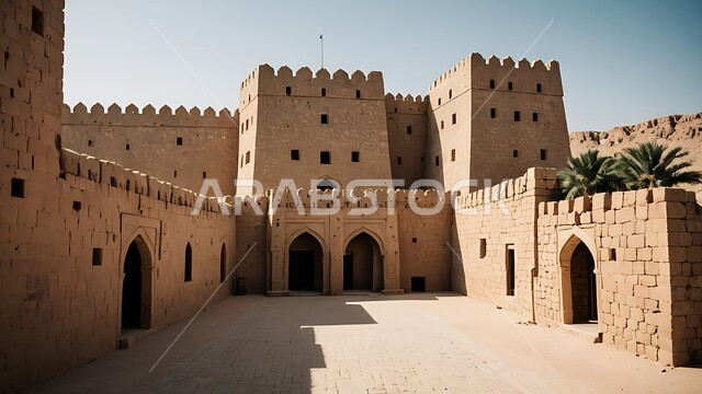 Architecture and ancient mud buildings from the ancient heritage, tourist places and landmarks in Saudi Arabia, the historic Masmak Palace Museum in the city of Riyadh in the Kingdom of Saudi Arabia, historical civilization in Riyadh.