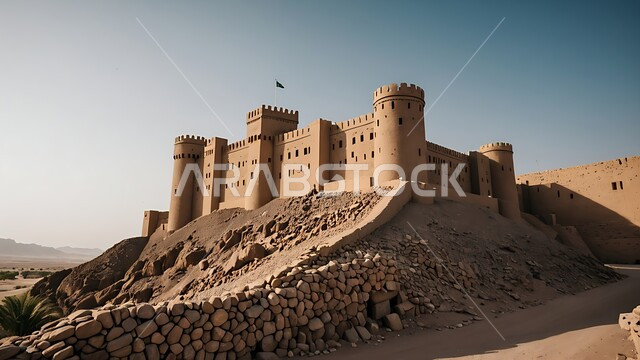 Tourist places and landmarks in Saudi Arabia, ancient architecture and mud buildings from the ancient heritage, the historic Masmak Palace Museum in the city of Riyadh in the Kingdom of Saudi Arabia, historical civilization in Riyadh.
