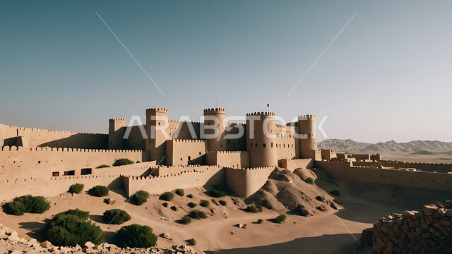 نمو النباتات الخضراء ، الهندسة المعمارية والمباني الطينية القديمة من التراث القديم ، أماكن ومعالم أثرية سياحية في السعودية، متحف قصر المصمك التاريخي في مدينة الرياض في المملكة العربية ، الحضارة التاريخية في الرياض.