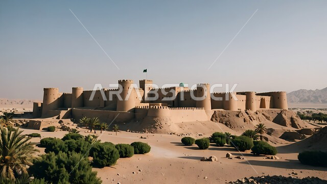 Green plant growth, ancient architecture and mud buildings from ancient heritage, tourist places and landmarks in Saudi Arabia, the historic Masmak Palace Museum in the city of Riyadh in the Kingdom of Saudi Arabia, historical civilization in Riyadh.