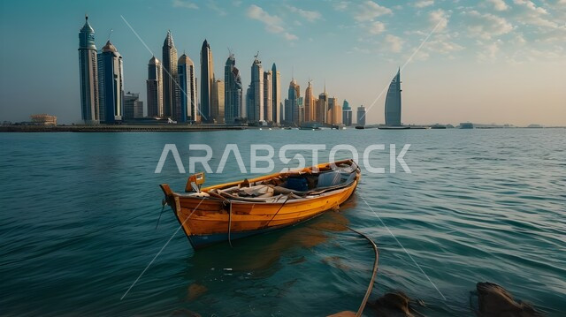 بناء مستقبل حضاري ومتطور، رؤية مستقبلية للخليج العربي2031, الفن الهندسي المعماري للأبراج وناطحات السحاب المطلة على مياه الساحل, منظر تخيلي مستقبلي للواجهة البحرية في الإمارات العربية المتحدة, قارب خشبي وسط مياه البحر الصافية، التقدم و النمو العمراني للمباني 