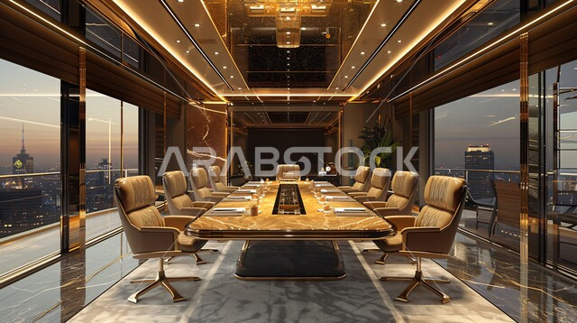 Windows and glass facades, office rooms with luxurious interior designs and decorations, spacious meeting room with table surrounded by chairs, modern contemporary design of offices in Saudi companies