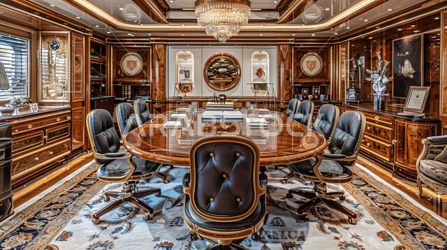 غرف مكتبية بتصاميم وديكورات داخلية فخمة، غرفة اجتماعات واسعة مع طاولة محاطة بكراسي، التصميم العصري الحديث للمكاتب في الشركات السعودية