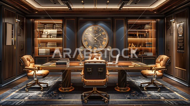 غرف مكتبية بتصاميم وديكورات داخلية فخمة، غرفة اجتماعات واسعة مع طاولة محاطة بكراسي، التصميم العصري الحديث للمكاتب في الشركات السعودية