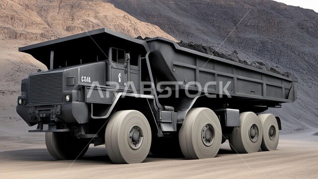 مناطق التنقيب عن الثروات الباطنية الخام، أماكن مناجم الفحم الطبيعي، شاحنة كبيرة تسير على طريق اسفلتي في صحراء المملكة العربية السعودية, القمم والمرتفعات وتضاريس السلاسل الجبلية
