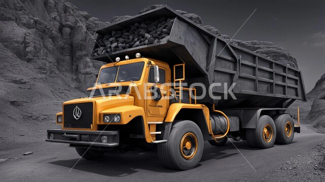  أماكن مناجم الفحم الطبيعي، مناطق التنقيب عن الثروات الباطنية الخام، شاحنة كبيرة تسير على طريق اسفلتي في صحراء المملكة العربية السعودية, القمم والمرتفعات وتضاريس السلاسل الجبلية