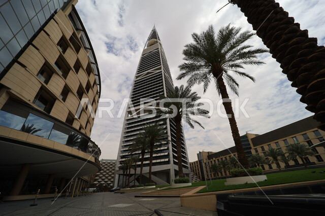 الفن الهندسي المعماري للأبراج وناطحات السحاب في المملكة العربية السعودية، معالم ومباني مشهورة، منظر السماء المليئة بالغيوم البيضاء، الاهتمام بزراعة أشجار النخيل في المدن، النمو والتطور العمراني في العاصمة، صورة من الاسفل لبرج الفيصلية في مدينة الرياض