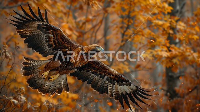 Training and taming birds of prey and predators, Falcon Club establishment in the annual hunting season in the Kingdom of Saudi Arabia, pride in Saudi heritage, close-up photo of a falcon in a nature reserve at sunset, a symbol of strength, challenge and sharp eyesight