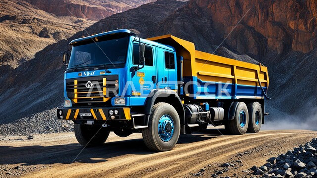 نقل النفط من مواقع الإنتاج إلى محطات التوزيع أو المصافي,مناطق التنقيب عن الثروات الباطنية الخام، شاحنة كبيرة ملونه تسير على طريق اسفلتي في صحراء المملكة العربية السعودية, القمم والمرتفعات وتضاريس السلاسل الجبلية، أهمية قطاع الطاقة في الاقتصاد