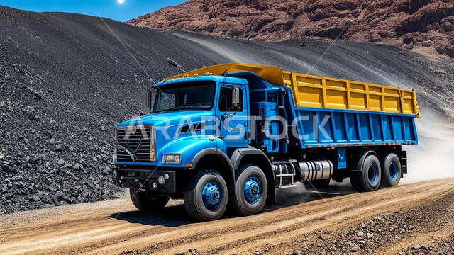 مناطق التنقيب عن الثروات الباطنية الخام، شاحنة كبيرة ملونه تسير على طريق اسفلتي في صحراء المملكة العربية السعودية, القمم والمرتفعات وتضاريس السلاسل الجبلية، نقل النفط من مواقع الإنتاج إلى محطات التوزيع أو المصافي, أهمية قطاع الطاقة في الاقتصاد