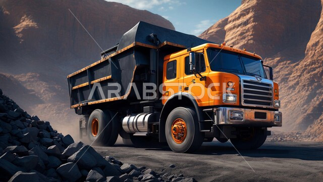  نقل النفط من مواقع الإنتاج إلى محطات التوزيع أو المصافي,مناطق التنقيب عن الثروات الباطنية الخام، شاحنة كبيرة ملونه تسير على طريق اسفلتي في صحراء المملكة العربية السعودية, القمم والمرتفعات وتضاريس السلاسل الجبلية، أهمية قطاع الطاقة في الاقتصاد