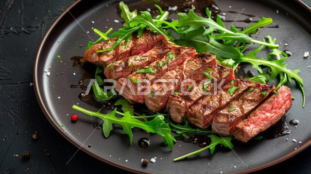 طبق من ستيك اللحم المشوي بالبهارات والأعشاب مع الخضروات اللذيذة، وجبات لحوم الضأن الصحية، المأكولات العربية الشرقية الشهية، فنون التقديم في مطاعم الأكلات السريعة،  وصفات اللحومات الغنية بالنكهات