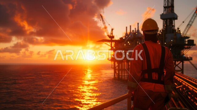 استخراج وتصدير الثروات الباطنية في المملكة العربية السعودية، منصفة نفط لاستنباط الزيوت, صورة من الخلف لمهندس عربي خليجي سعودي يرتدي الخوذة وسترة الحماية يقوم بمراقبة العمل، حفارة تقوم بالتنقيب عن النفط وسط البحر في وقت غروب الشمس, جودة الأدوات والمعدات لصناعة وتخزين البترول