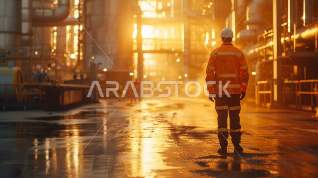 استخراج وتصدير الثروات الباطنية في المملكة العربية السعودية، منصفة نفط لاستنباط الزيوت, صورة من الخلف لمهندس عربي خليجي سعودي يرتدي الخوذة وسترة الحماية يقوم بمراقبة العمل، حفارة تقوم بالتنقيب عن النفط وسط البحر في وقت غروب الشمس, جودة الأدوات والمعدات لصناعة وتخزين البترول