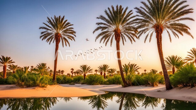 أشجار النخيل الخضراء وسط البيئة الرملية الذهبيه , محاصيل ومنتجات زراعية محلية, المحميات الطبيعية في المملكة العربية السعودية, واحات ومزارع في الصحارى وقت الغروب