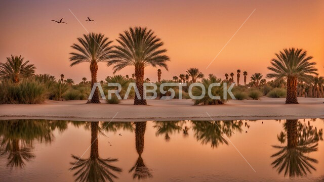 أشجار النخيل الخضراء وسط البيئة الرملية الذهبيه ,  محاصيل ومنتجات زراعية محلية, المحميات الطبيعية في المملكة العربية السعودية,  واحات ومزارع  في الصحارى  وقت الغروب