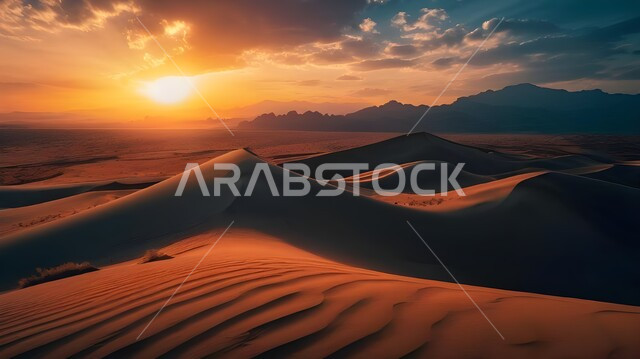 الكثبان والتلال الرملية الناعمة المتشكلة في الصحاري الخليجية, التكوينات والتشكيلات  من الرمال الذهبية في صحراء شبه الجزيرة العربية، منظر غروب الشمس في السماء فوق حبات الرمل اللامعة، التضاريس والبيئة الجافة في الطبيعة الصحراوية