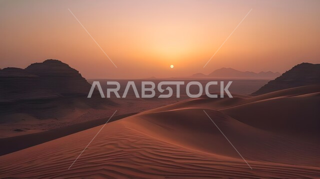الكثبان والتلال الرملية الناعمة المتشكلة في الصحاري الخليجية, التكوينات والتشكيلات  من الرمال الذهبية في صحراء شبه الجزيرة العربية، منظر غروب الشمس في السماء فوق حبات الرمل اللامعة، التضاريس والبيئة الجافة في الطبيعة الصحراوية