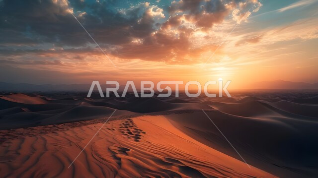 الكثبان والتلال الرملية الناعمة المتشكلة في الصحاري الخليجية, التكوينات والتشكيلات  من الرمال الذهبية في صحراء شبه الجزيرة العربية، منظر غروب الشمس في السماء فوق حبات الرمل اللامعة، التضاريس والبيئة الجافة في الطبيعة الصحراوية