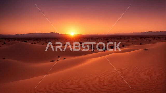 التكوينات والتشكيلات  من الرمال الذهبية في صحراء شبه الجزيرة العربية، التضاريس والبيئة الجافة في الطبيعة الصحراوية، الكثبان والتلال الرملية الناعمة المتشكلة في الصحاري الخليجية, منظر غروب الشمس في السماء فوق حبات الرمل اللامعة